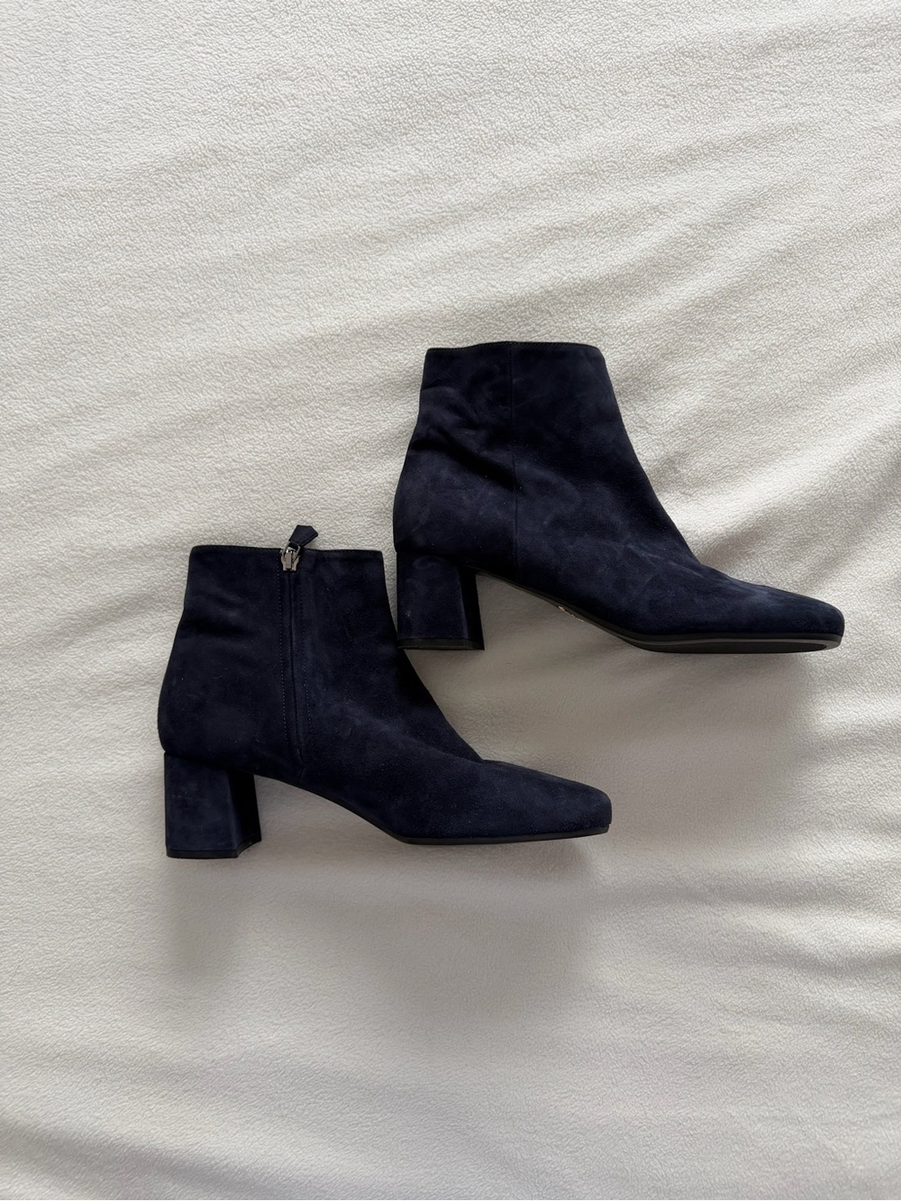Prada Navy Suede Block Heel Ankle Boots